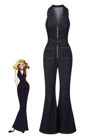 Combinaison bleue évasée en jean avec col années 1970