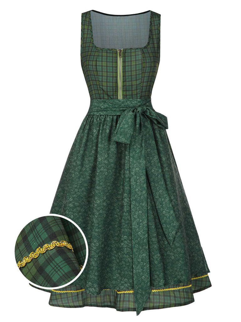 [Prévente] Robe verte à carreaux et fleurs avec tablier années 1950