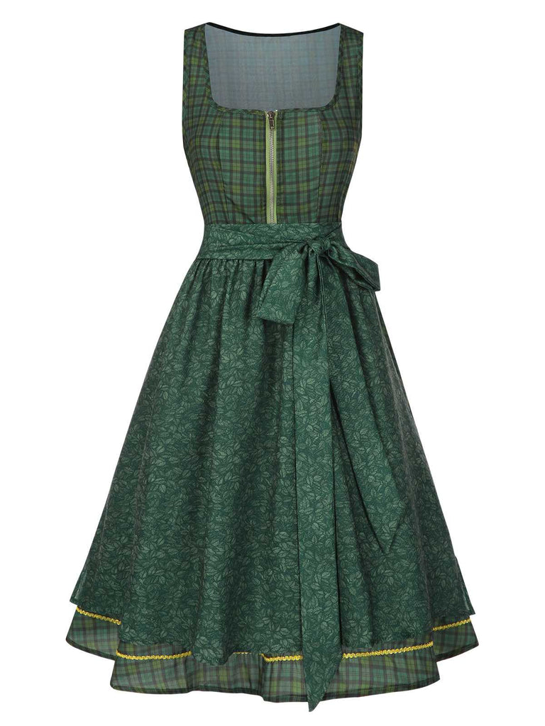 [Prévente] Robe verte à carreaux et fleurs avec tablier années 1950