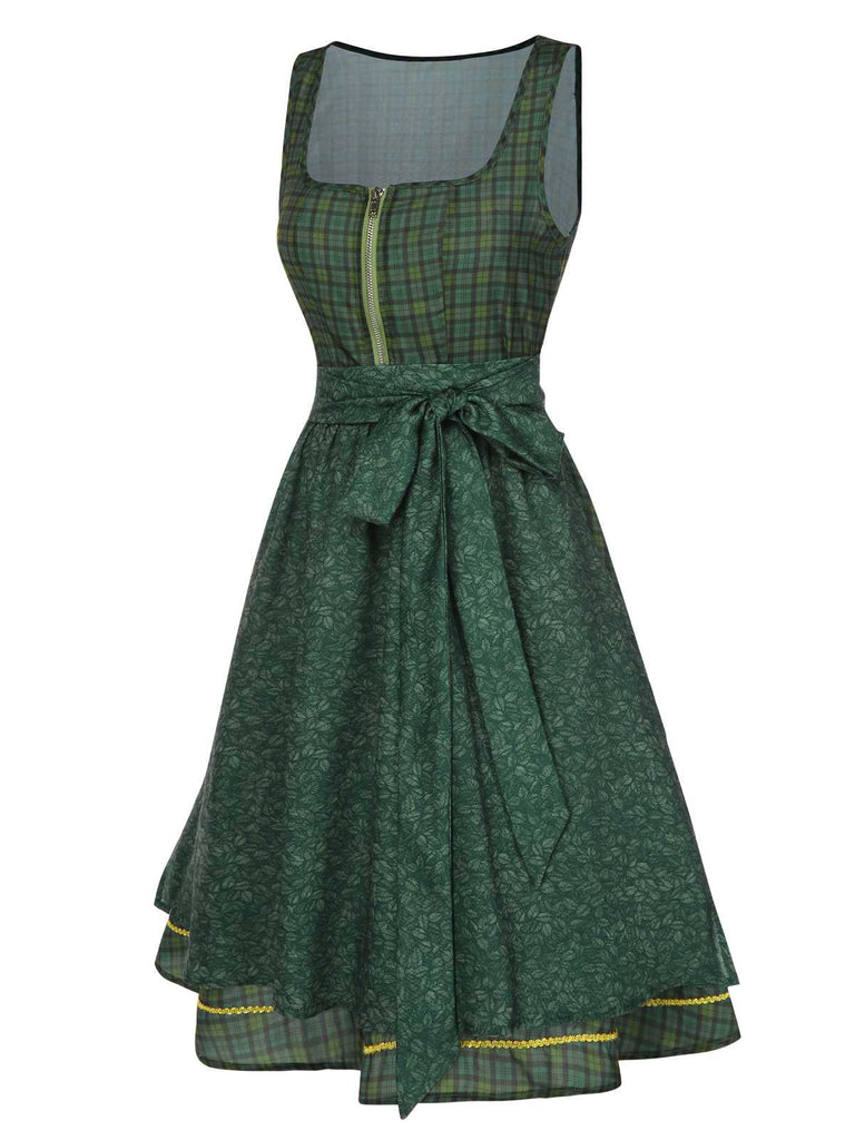 [Prévente] Robe verte à carreaux et fleurs avec tablier années 1950