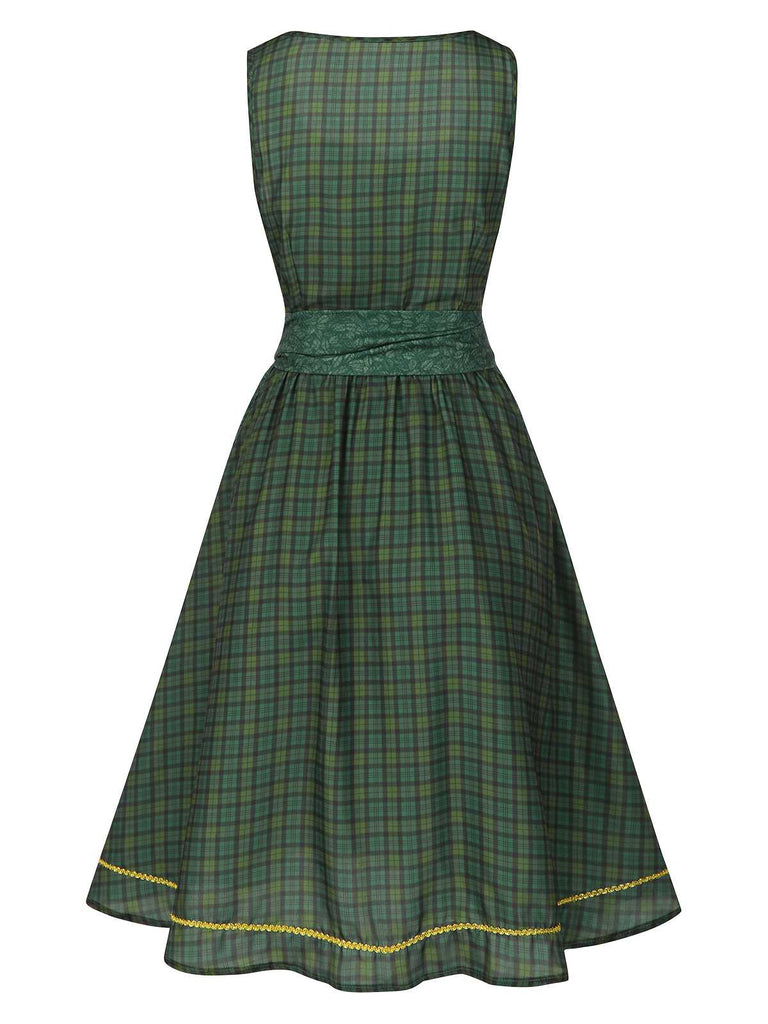[Prévente] Robe verte à carreaux et fleurs avec tablier années 1950