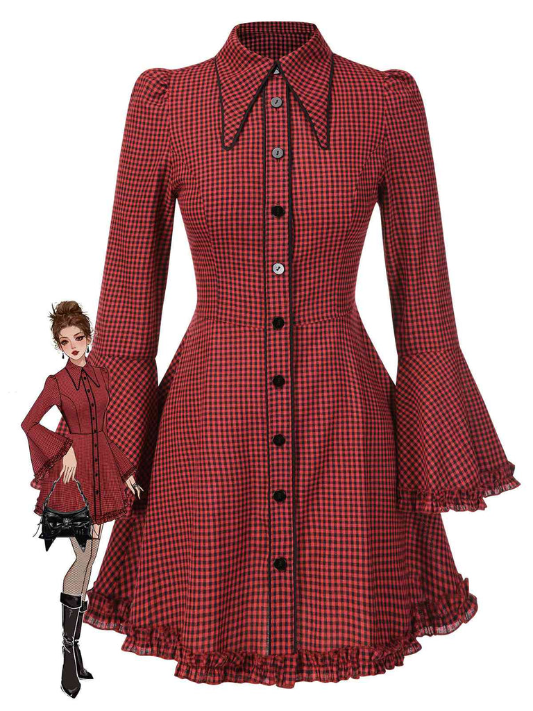 [Prévente] Robe rouge gothique à carreaux manches cloche à lacets des années 1960
