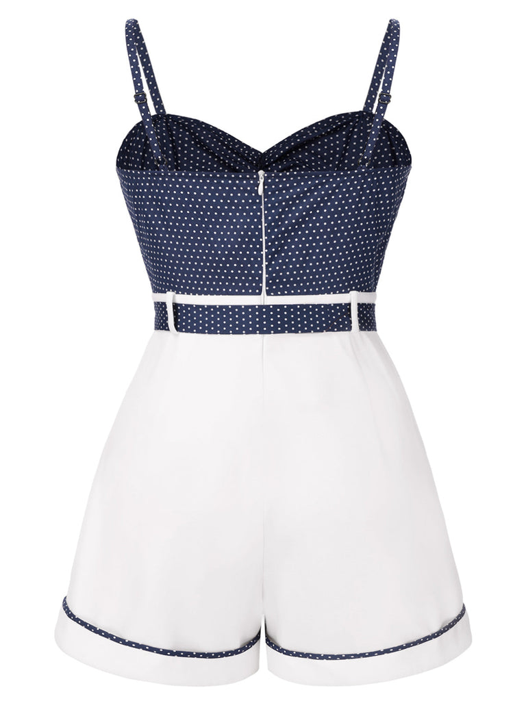 [Grande taille] Combishort bleu à bretelles en patchwork à pois des années 1940