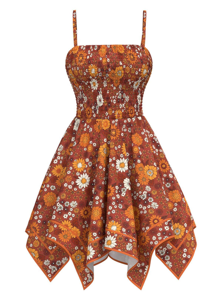 [Prévente] Robe orange marguerite à bretelles ourlet irrégulier hippie des années 1970