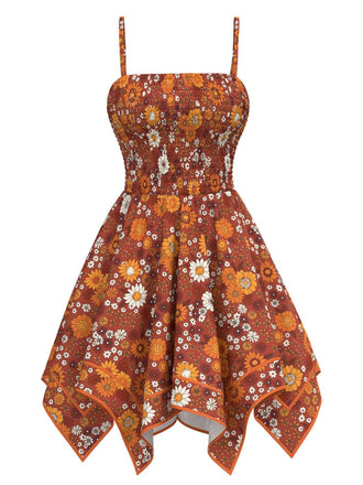 Robe orange marguerite à bretelles ourlet irrégulier hippie des années 1970