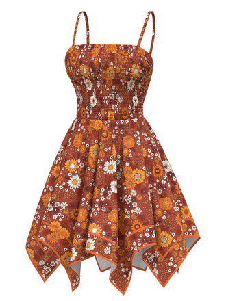 Robe orange marguerite à bretelles ourlet irrégulier hippie des années 1970