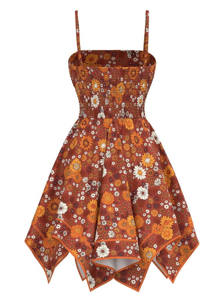 [Prévente] Robe orange marguerite à bretelles ourlet irrégulier hippie des années 1970