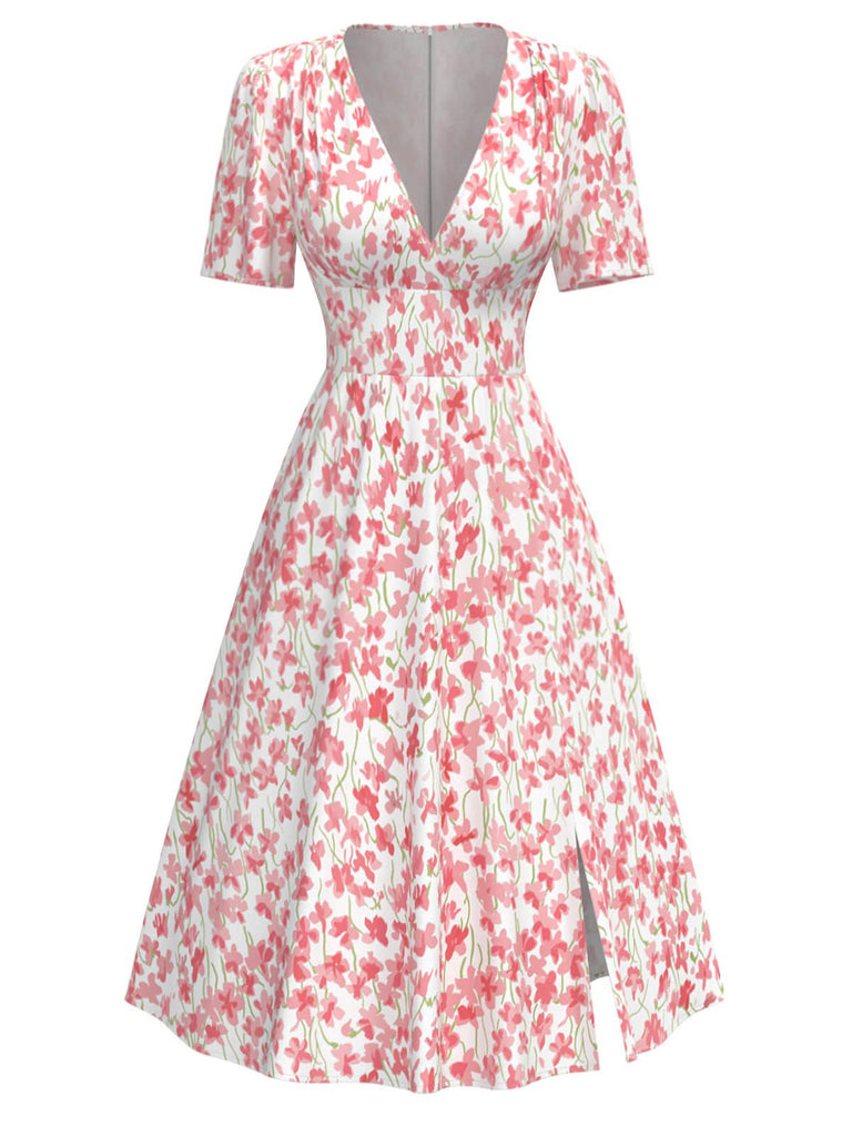 [Prévente] Robe fendue fleurs à col en V rose années 1940