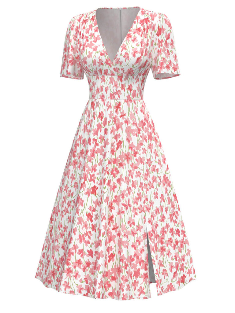 [Prévente] Robe fendue fleurs à col en V rose années 1940