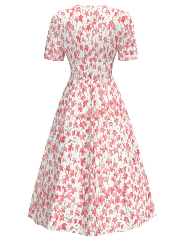 [Prévente] Robe fendue fleurs à col en V rose années 1940