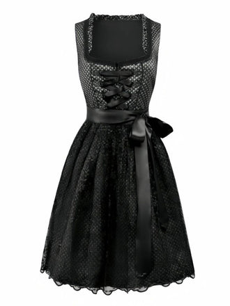 [Prévente] 2PCS Robe et tablier noire à fleurs à lacets années 1950