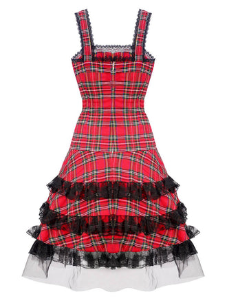 Robe rouge à lacets et bretelles larges en tartan écossais années 1960