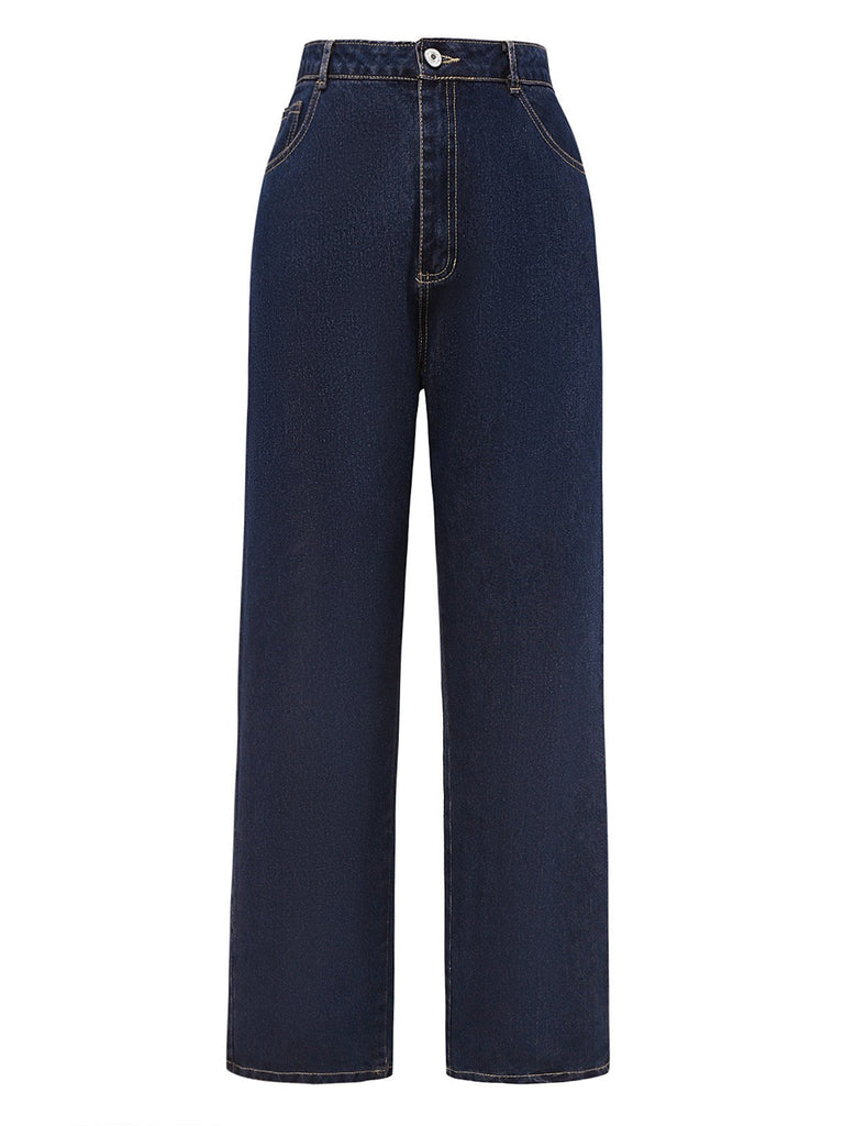 Pantalon droit en denim bleu foncé des années 1950