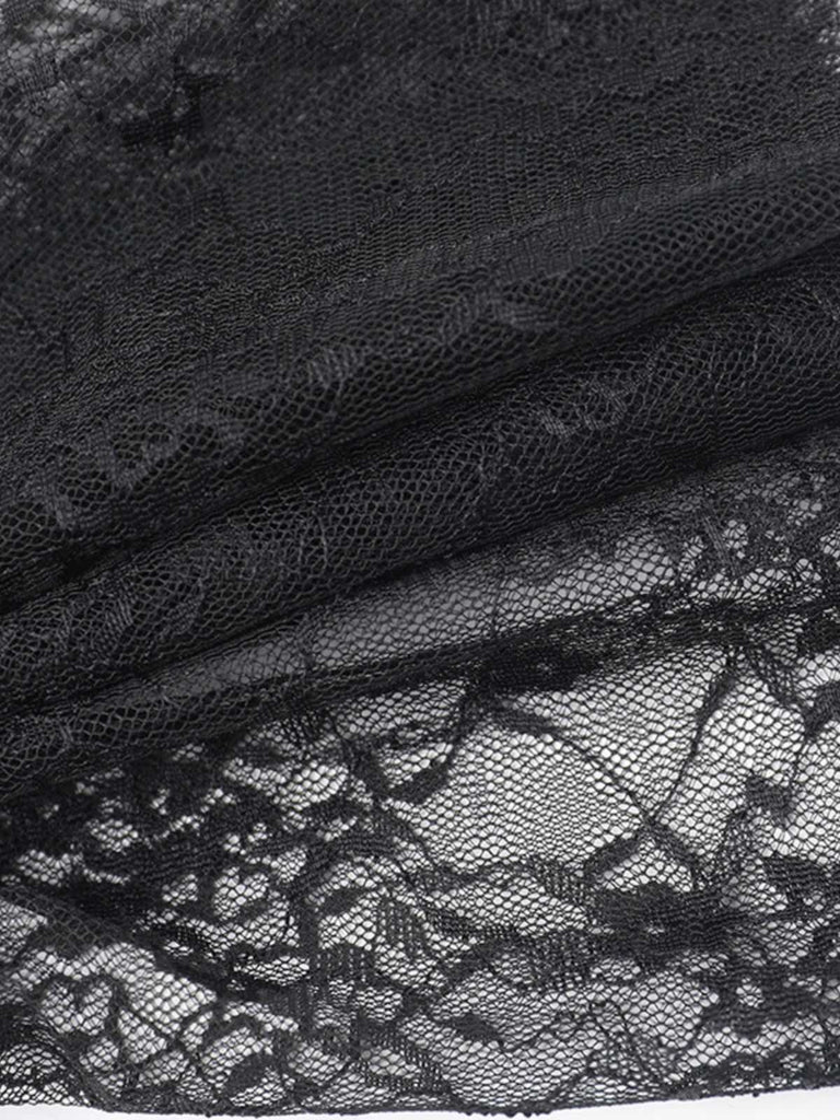 2PCS Robe noire cache-cœur et bouffante en dentelle années 1960