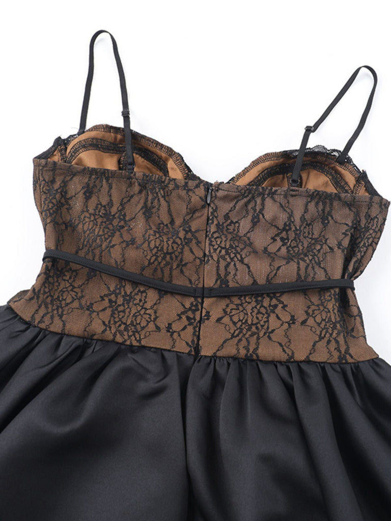 2PCS Robe noire cache-cœur et bouffante en dentelle années 1960