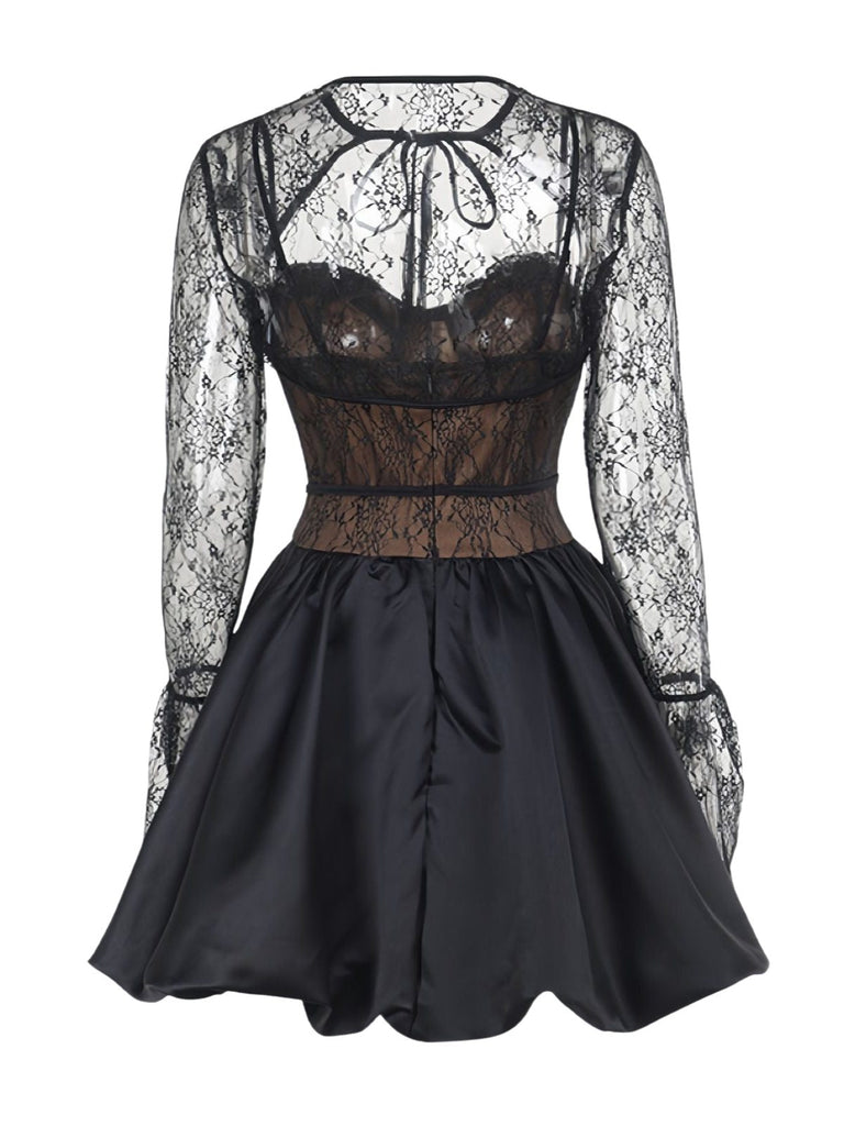 2PCS Robe noire cache-cœur et bouffante en dentelle années 1960