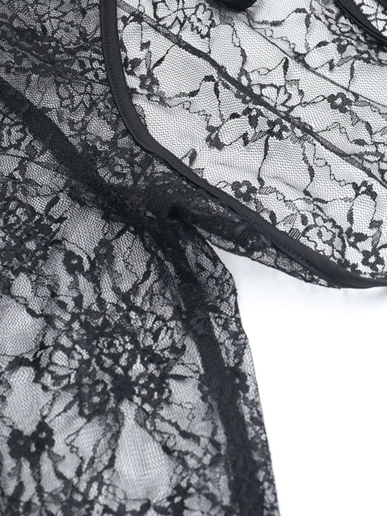 2PCS Robe noire cache-cœur et bouffante en dentelle années 1960