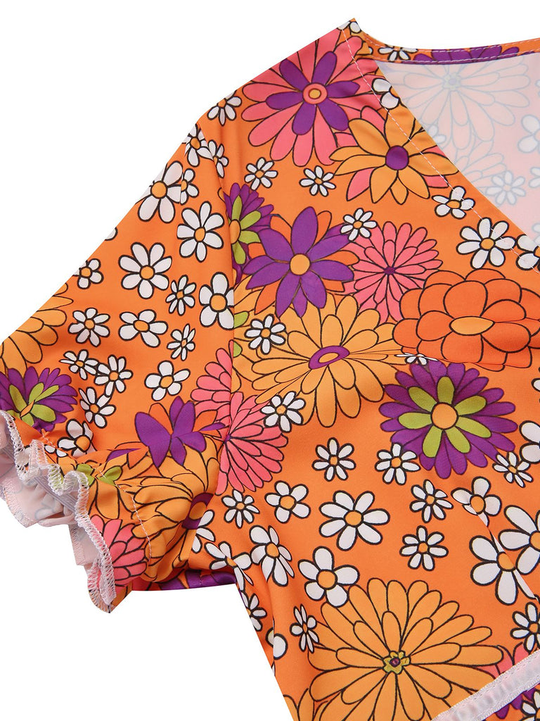 [Prévente] Mini-robe orange à psychédélique et nœud années 1970