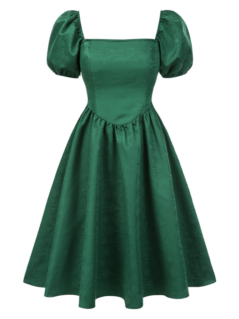 [Prévente] Robe verte en jacquard et manches bouffantes années 1950