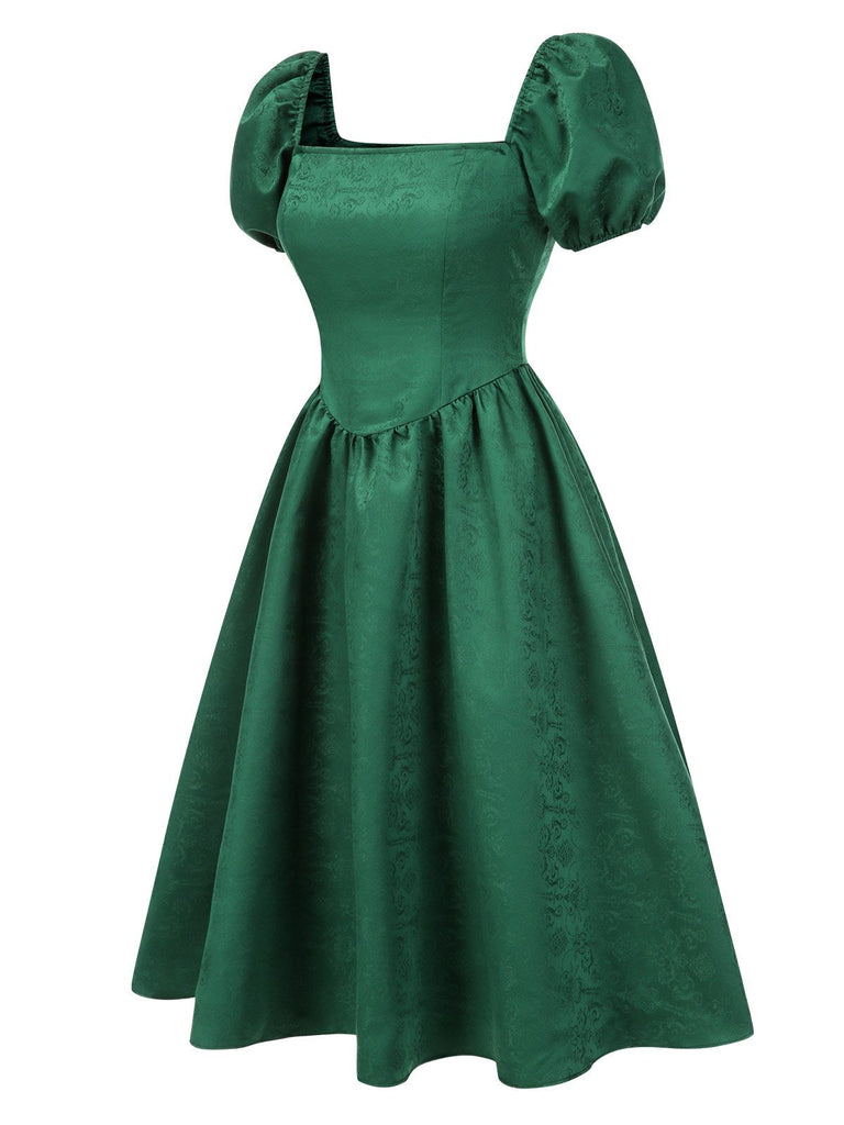 [Prévente] Robe verte en jacquard et manches bouffantes années 1950