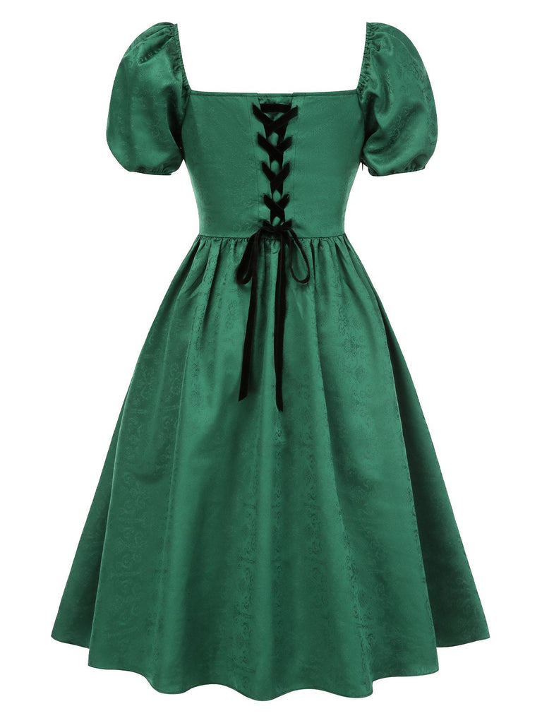 [Prévente] Robe verte en jacquard et manches bouffantes années 1950