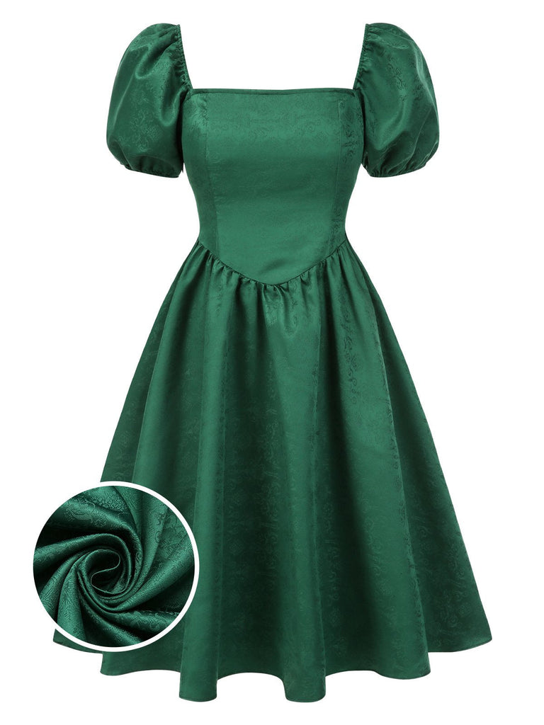 [Prévente] Robe verte en jacquard et manches bouffantes années 1950