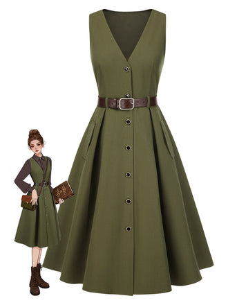 Robe gilet verte à col en V et poches ceinturée des années 1950
