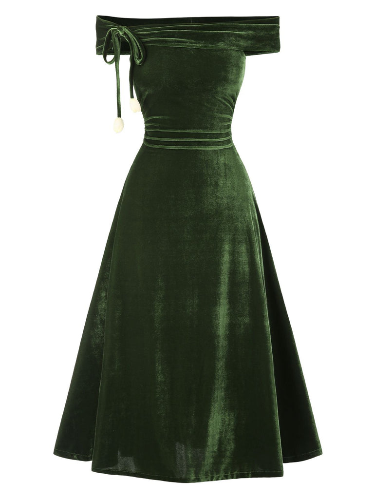 [Prévente] Robe Bardot verte en veloursà épaules dénudées années 1940
