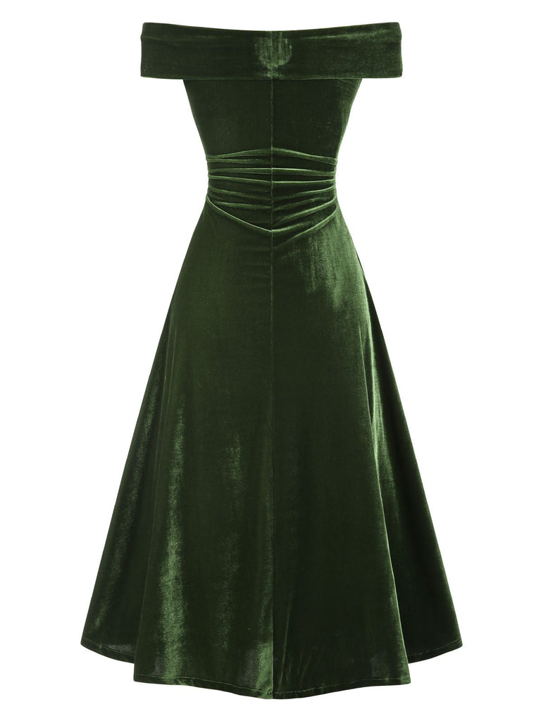 [Prévente] Robe Bardot verte en veloursà épaules dénudées années 1940