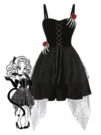 Robe noire d'Halloween avec decor de main de squelette et roses années 1950