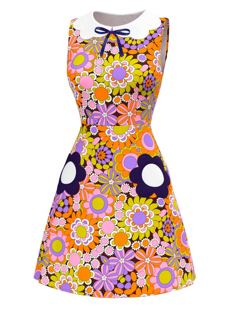 [Prévente] Robe orange fleur à col claudine et nœud années 1960
