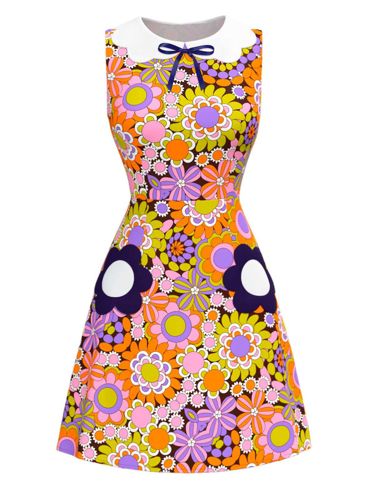 [Prévente] Robe orange fleur à col claudine et nœud années 1960