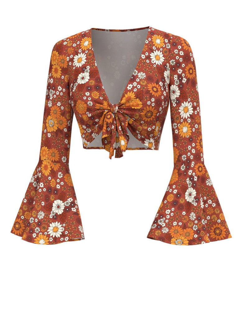 [Prévente] 2PCS hauts manches cloche et robe à bretelles marguerite hippie orange des années 1970