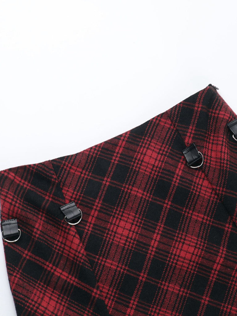 2PCS Caraco smocks et jupe à ourlet asymétrique à carreaux rouges des années 1980