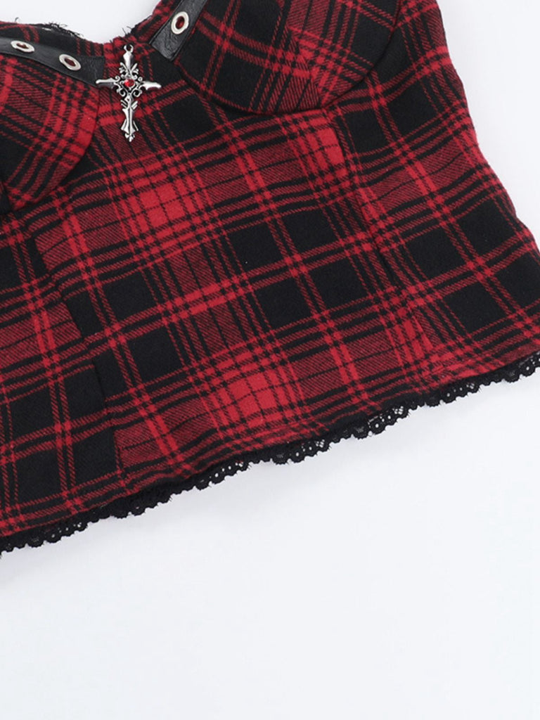 Caraco smocké en dentelle et cuir à carreaux style punk rouge des années 1970