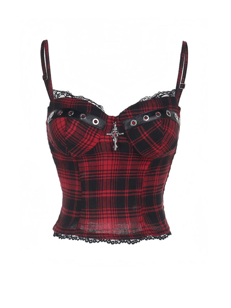 Caraco smocké en dentelle et cuir à carreaux style punk rouge des années 1970