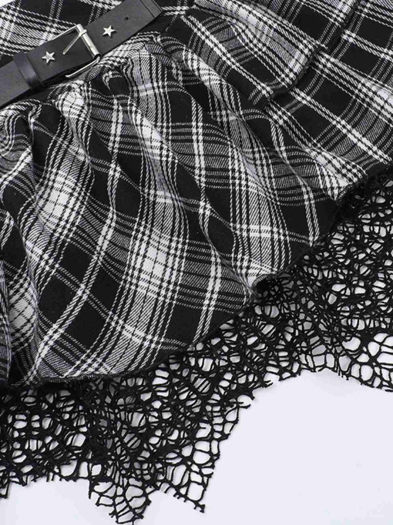 Jupe à carreaux écossais en patchwork de dentelle steampunk grise des années 1980