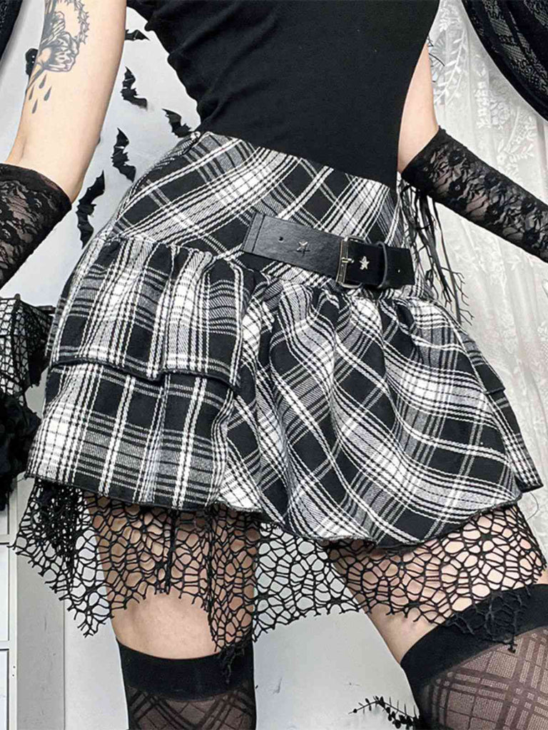 Jupe à carreaux écossais en patchwork de dentelle steampunk grise des années 1980
