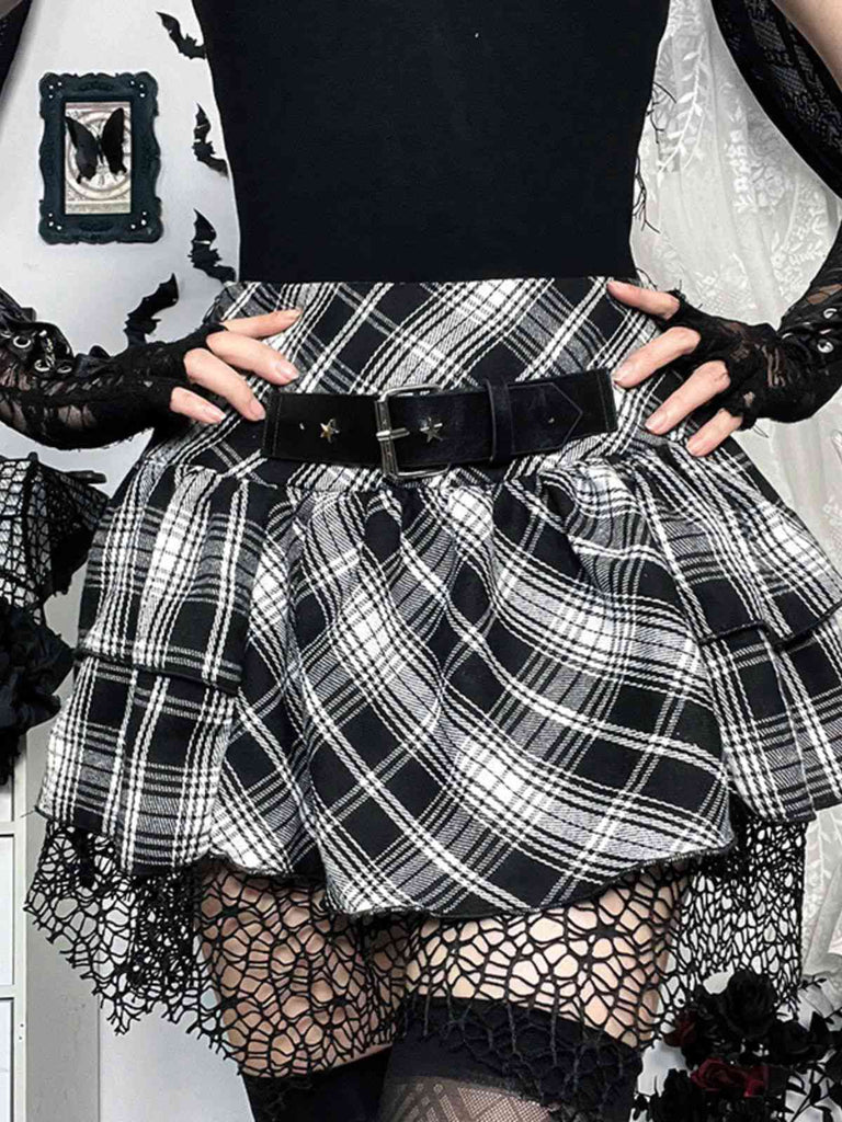 Jupe à carreaux écossais en patchwork de dentelle steampunk grise des années 1980
