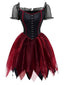 Robe rouge en maille et châle brodée style sorcière vampire Halloween des années 1980