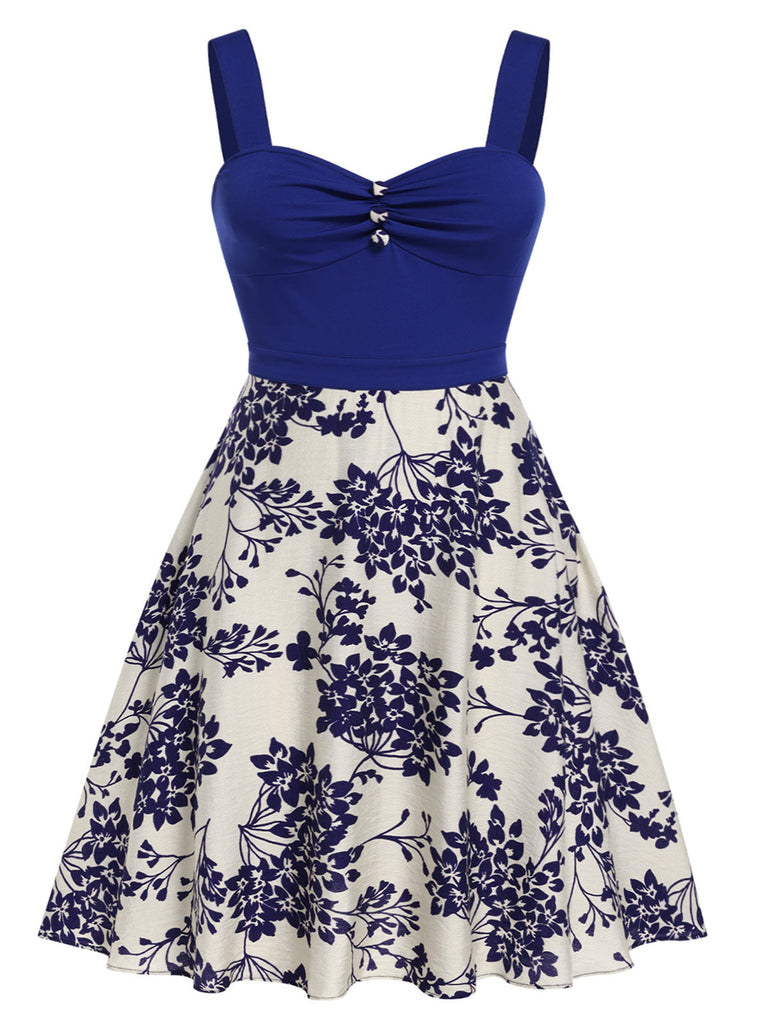 [Grande Taille] Robe bleu à col en cœur et boutons fleuris des années 1950