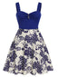 [Grande Taille] Robe bleu à col en cœur et boutons fleuris des années 1950
