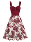 Robe rouge à col en cœur et boutons fleuris des années 1950
