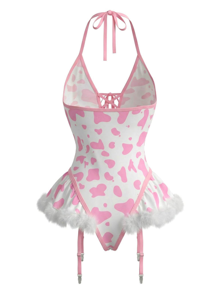 Ensemble de lingerie en peluche lacets et dos nu motifs vache années 1960