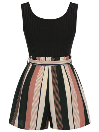 [Grande Taille] Combishort ceinturée tricotée à rayures patchwork des années 1950