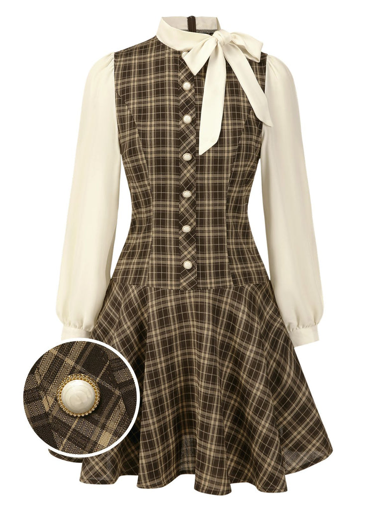 [Prévente] Robe trapèze marron à carreaux avec nœud années 1960