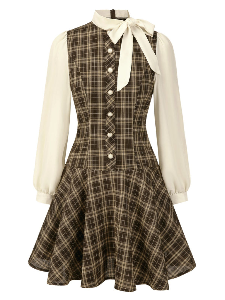 [Prévente] Robe trapèze marron à carreaux avec nœud années 1960