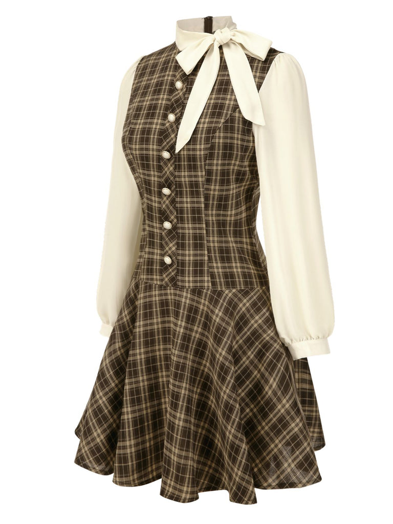 [Prévente] Robe trapèze marron à carreaux avec nœud années 1960