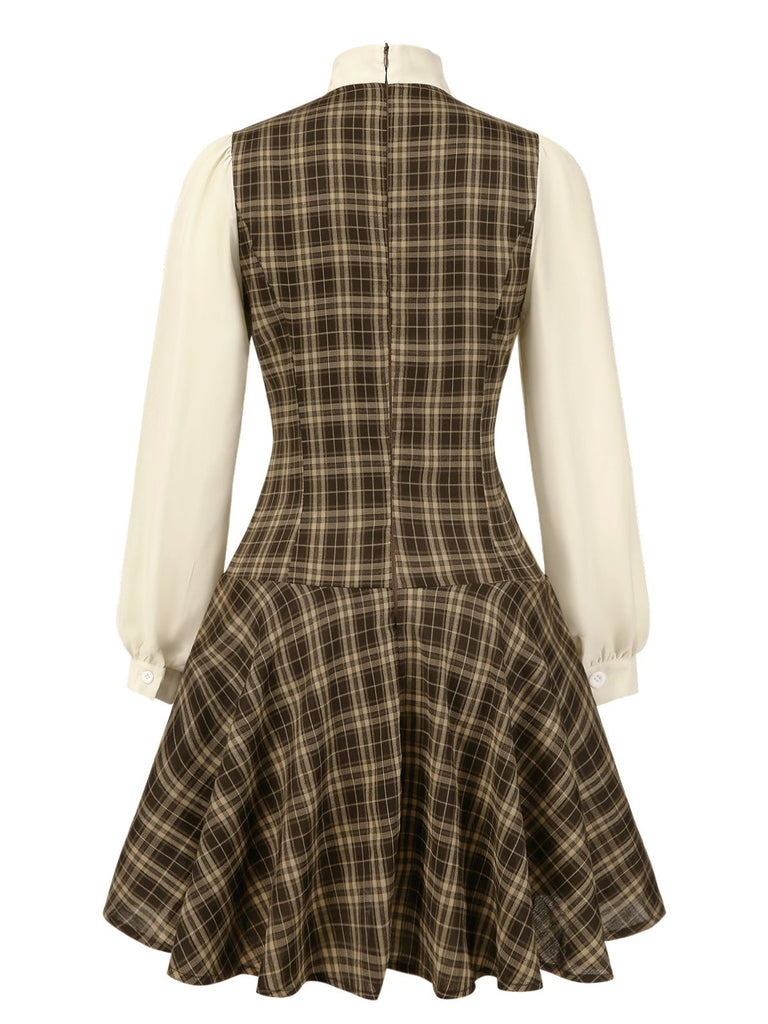 [Prévente] Robe trapèze marron à carreaux avec nœud années 1960