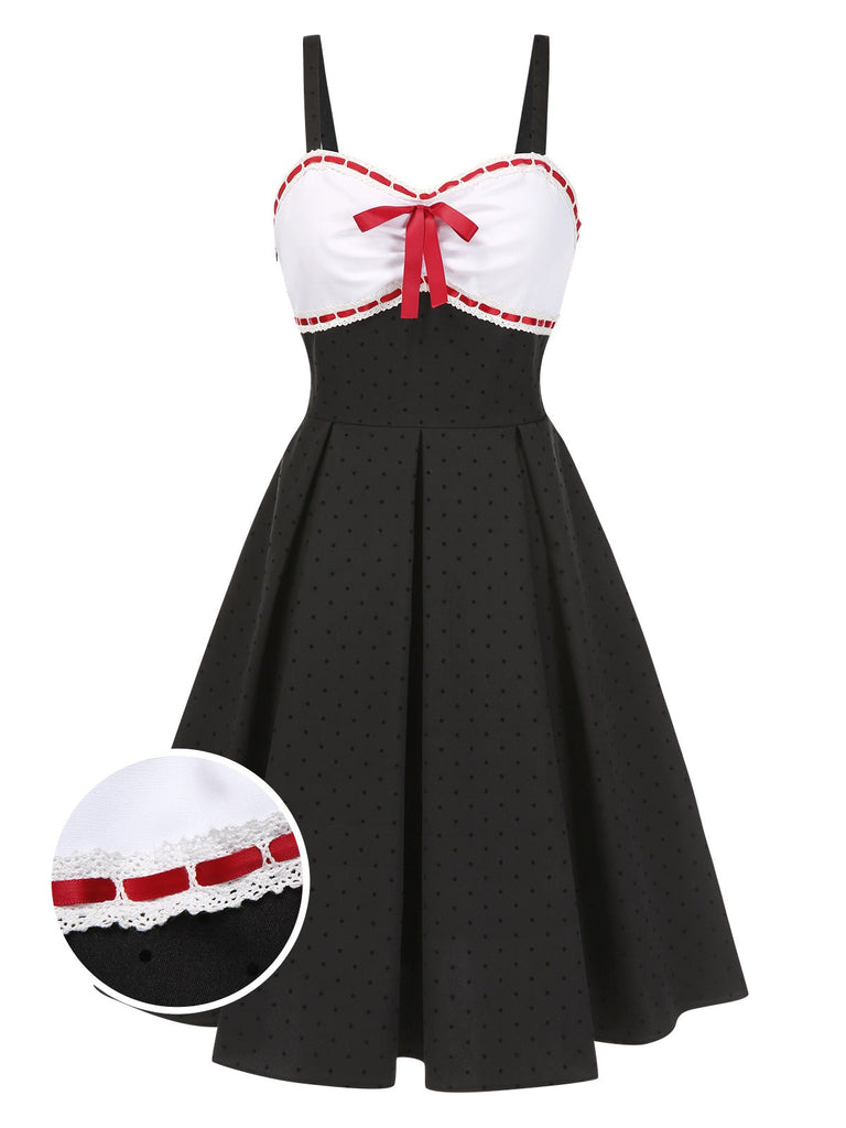 [Prévente] Robe grise à bretelles en dentelle à pois et nœud papillon des années 1950